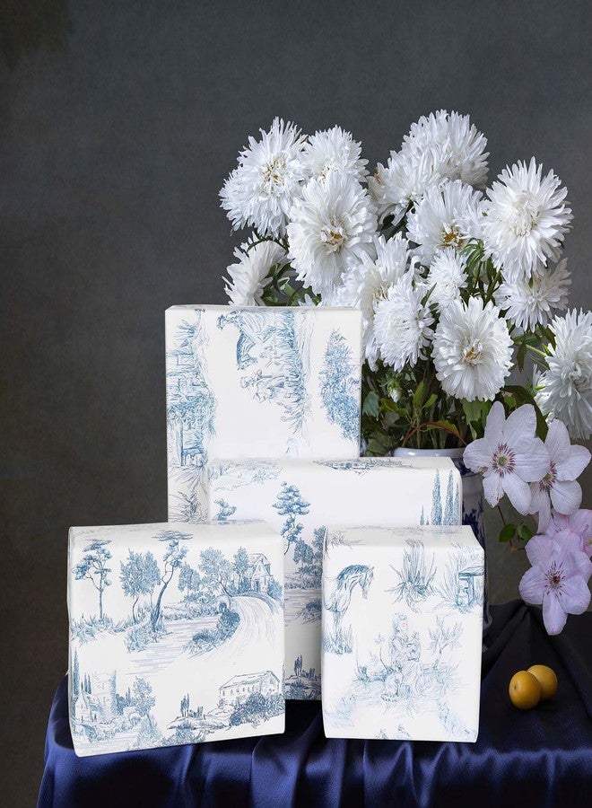 Bolsome 12Pcs French Style Wrapping Paper Blue White Vintage Village Printed Gift Wrap Paper Rustic French Toile Gift Wrap Paper for Wedding Bridal Shower Birthday DIY Craft - Image 4